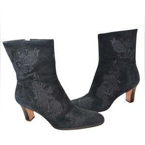 Vintage Ralph Lauren Embroidered Black Genuine Leather Booties Western Suede 9.5